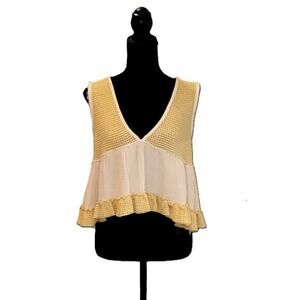 NWT POL Tank Top Yellow Cream Mixed Media Waffle Knit Gauze Ruffle Raw Hem Boho